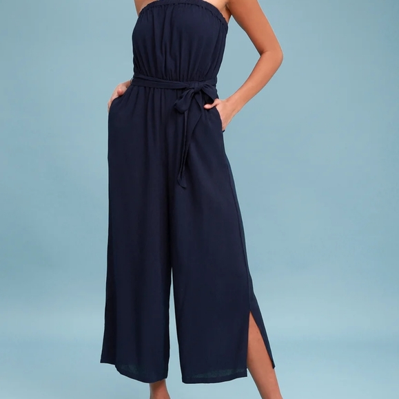 Lulus Pants - Lulu's Darleen Navy Blue Strapless Culotte Jumpsuit